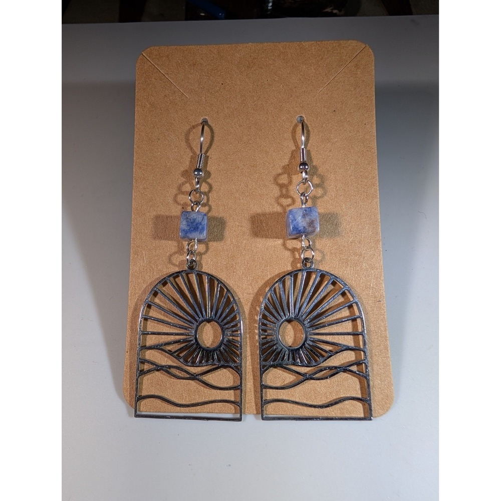 Blue Sodalite Stone Sunburst Arch Drop Earrings Silver Tone Celestial Dangle